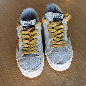 Golden Goose Superstar glitter sneakers (silver glitter upper with gold laces)